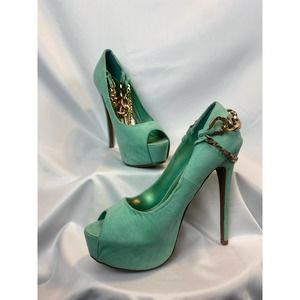 Turquois Suede and Gold Chain Wild Diva Lounge Chucky Platform Pumps